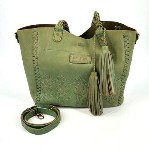 Isabella Fiore Gisela Diamond Green Leather Tote Purse Bag Tassel Braided Straps